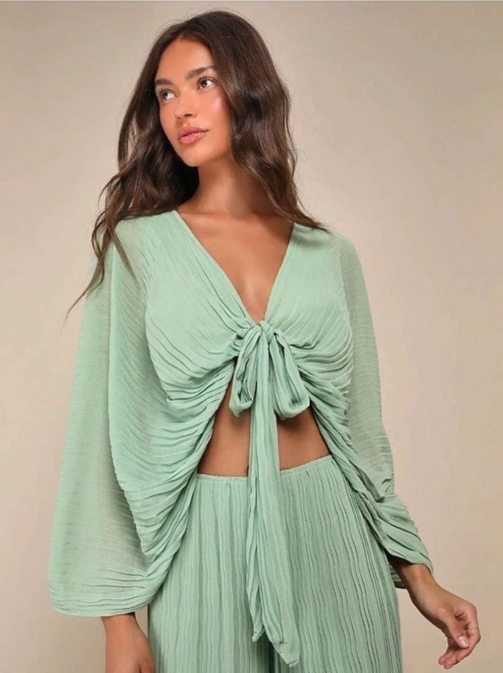 Lulus Pristine Presence Sage Plisse Tie-Front Dolman Sleeve Crop Top